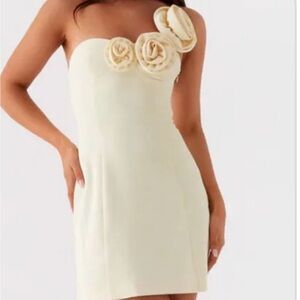 Peppermayo Cream Yellow Strapless Dress with Floral Rosette Details. Worn once!
